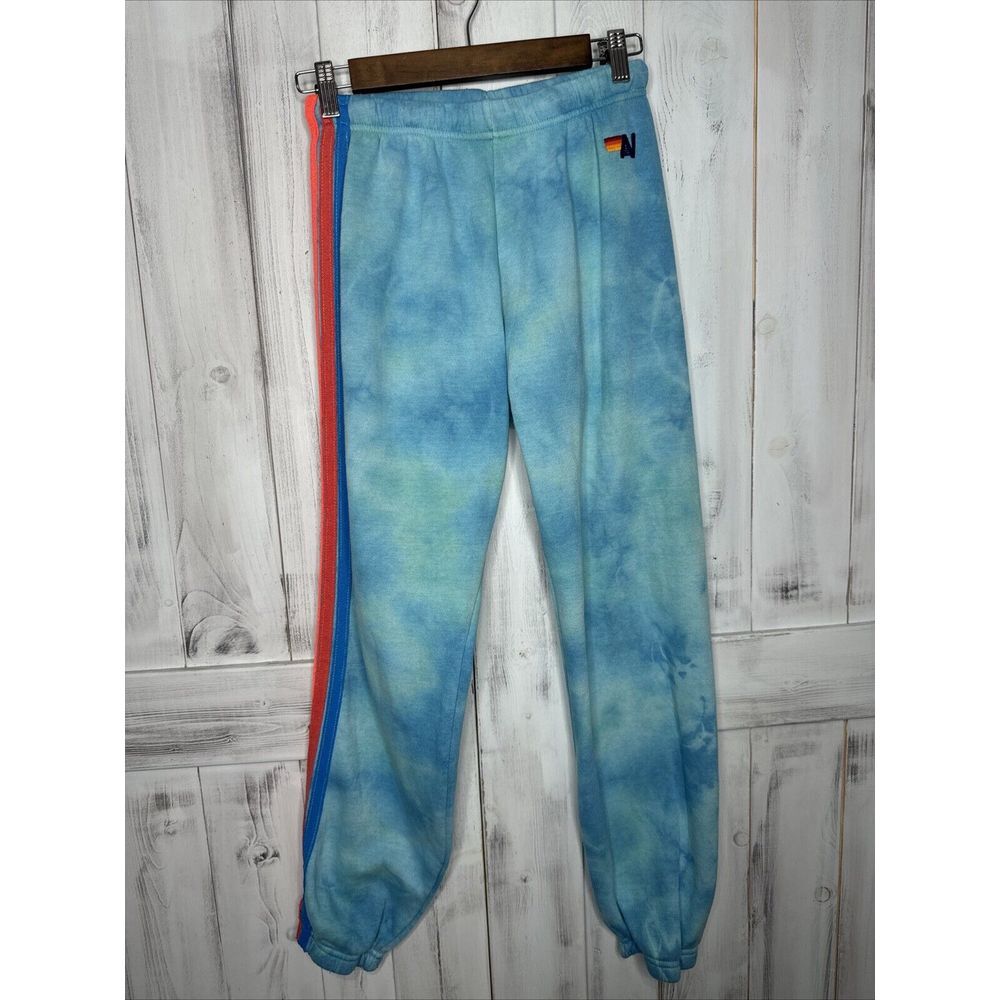 Aviator Nation Hand Tie Dyed Sweatpants 5 Stripe Blue Jogger Lounge Drawstring S